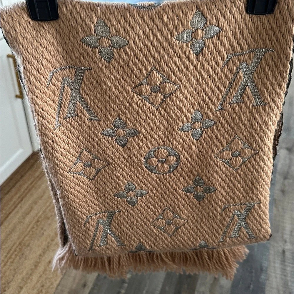 Authentic Louis Vuitton tan wool + Silk scarf